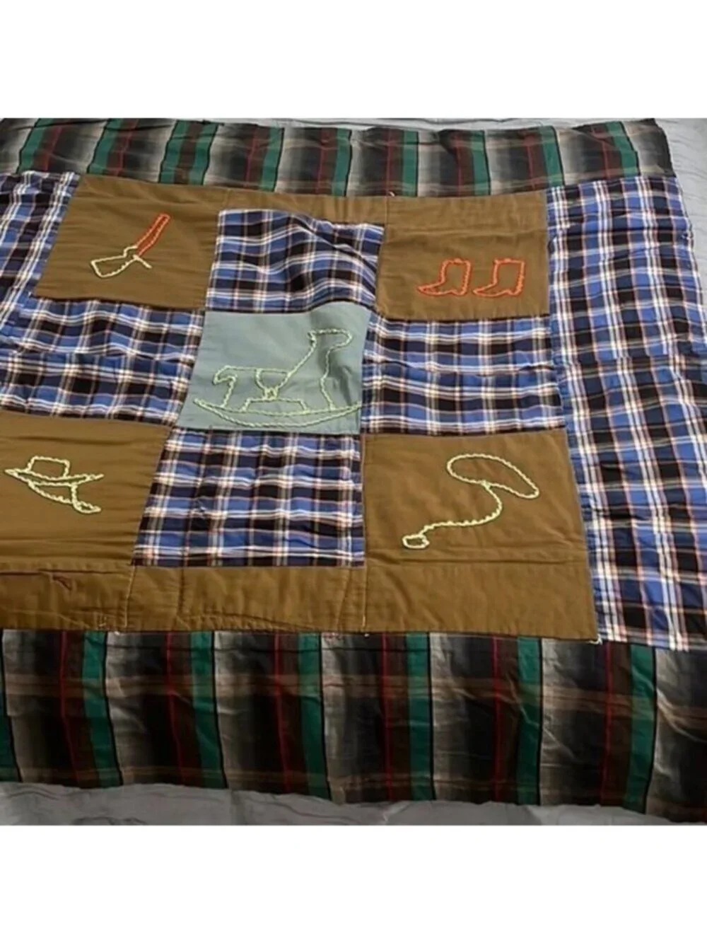 Homemade Plaid Squares Western‎ Corduroy Squares Vintage Quilt 25 In x 54 In